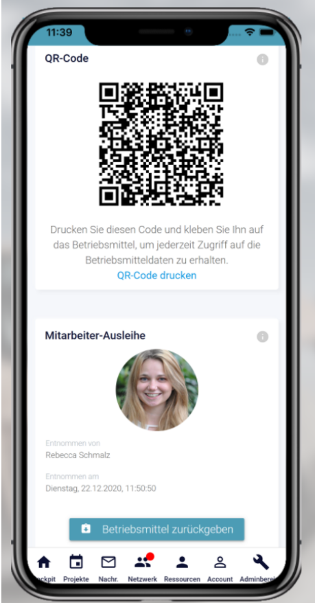 Screenshot der mobilen Betriebsmittelausleihe